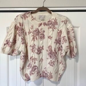 Sincerely Jules Crewneck Cable Knit Puff sleeve floral sweater.